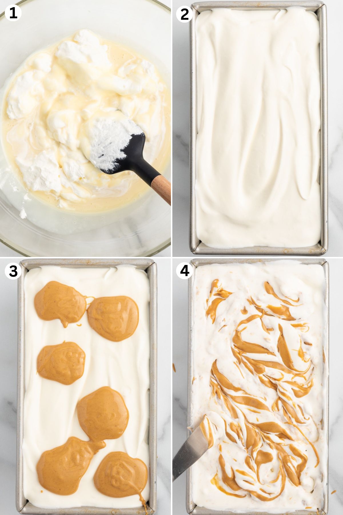 Fold the whipped cream into the bowl of sweetened condensed milk. Spread the ice cream mixture into a loaf pan. Add dollop of peanut butter on top of the ice cream. Swirl the peanut butter into the ice cream.