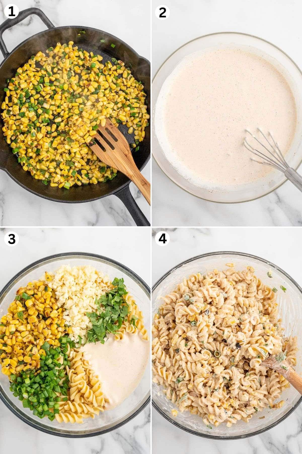 Cook the corn in the skillet. Make the dressing. In a large bowl, mix the ingredients.