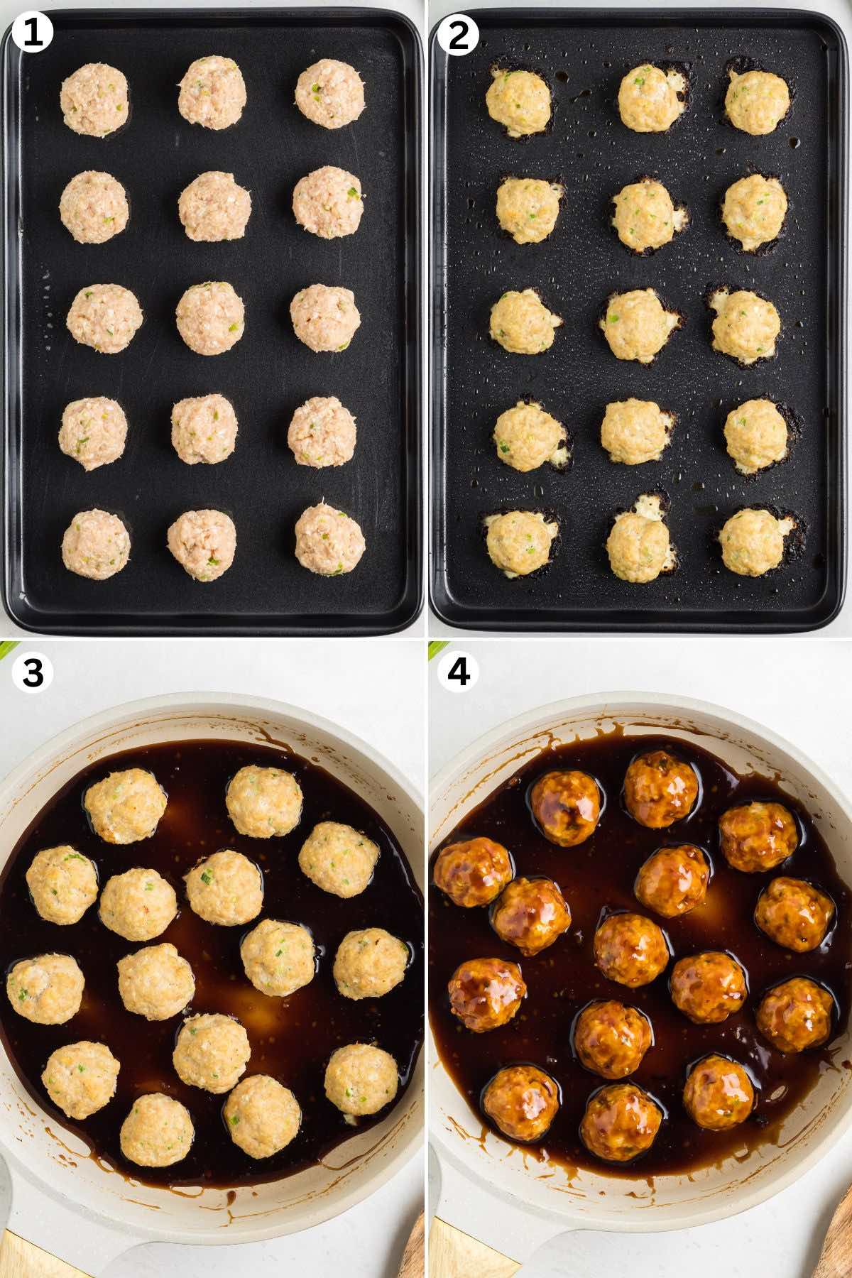 Form the chicken mixture into meatballs. Bake. Prepare the sauce and add the baked meatballs. Toss the meatballs until fully covered.