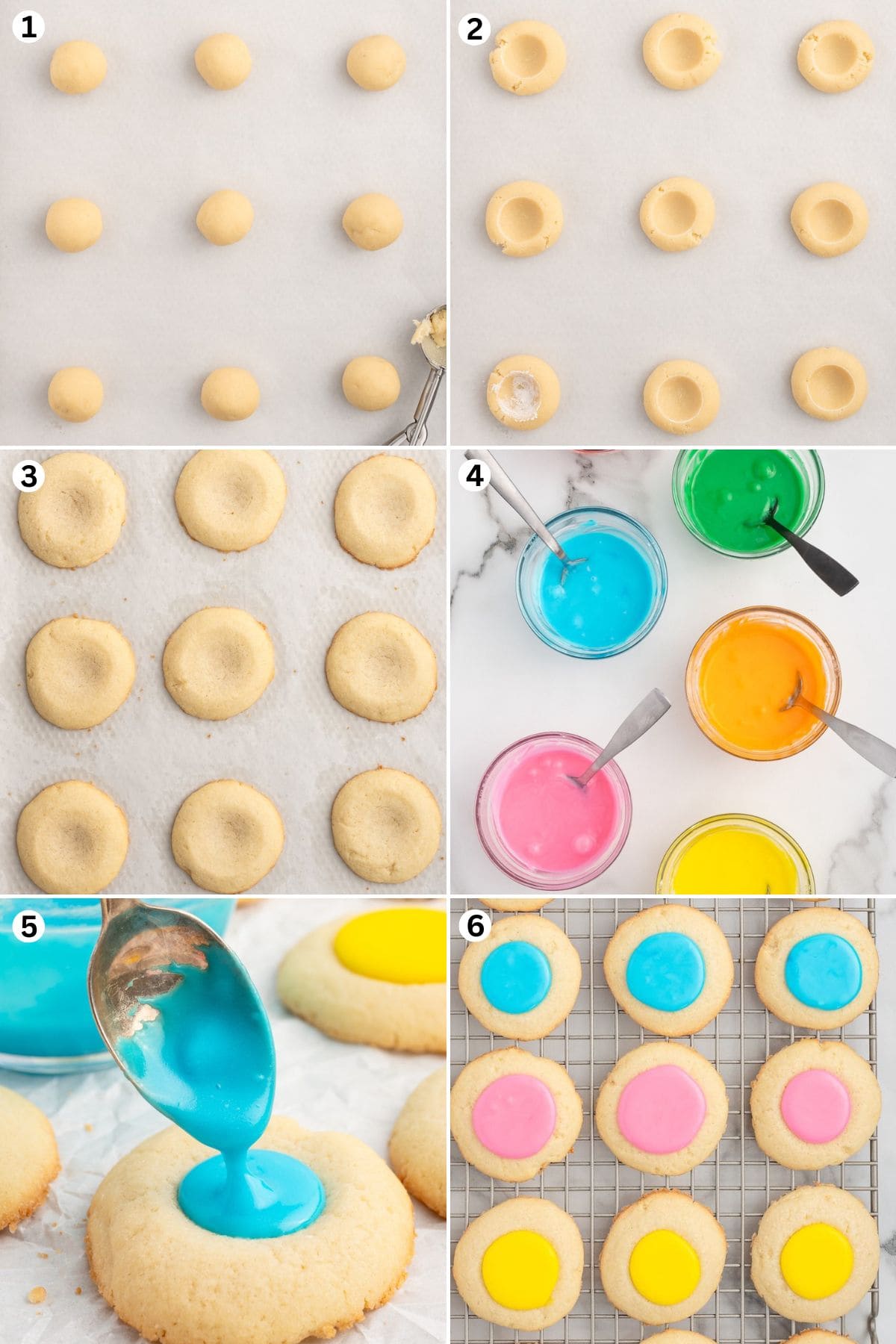 Scoop out tablespoons of chilled dough and roll them into smooth balls. Press an indent into the center of each dough ball. Bake. Prepare the icing. Use a small spoon to fill the center of the thumbprint cookies. Let it cool.