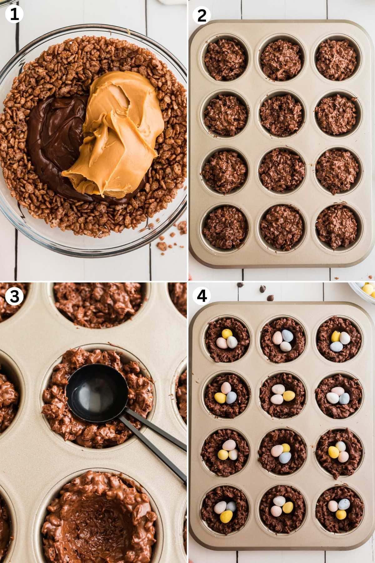 mix rice krispies, peanut butter and melted chocolate. scoop and add to muffin tin. make a hollow using rounded spoon. place 3 eggs inside. 