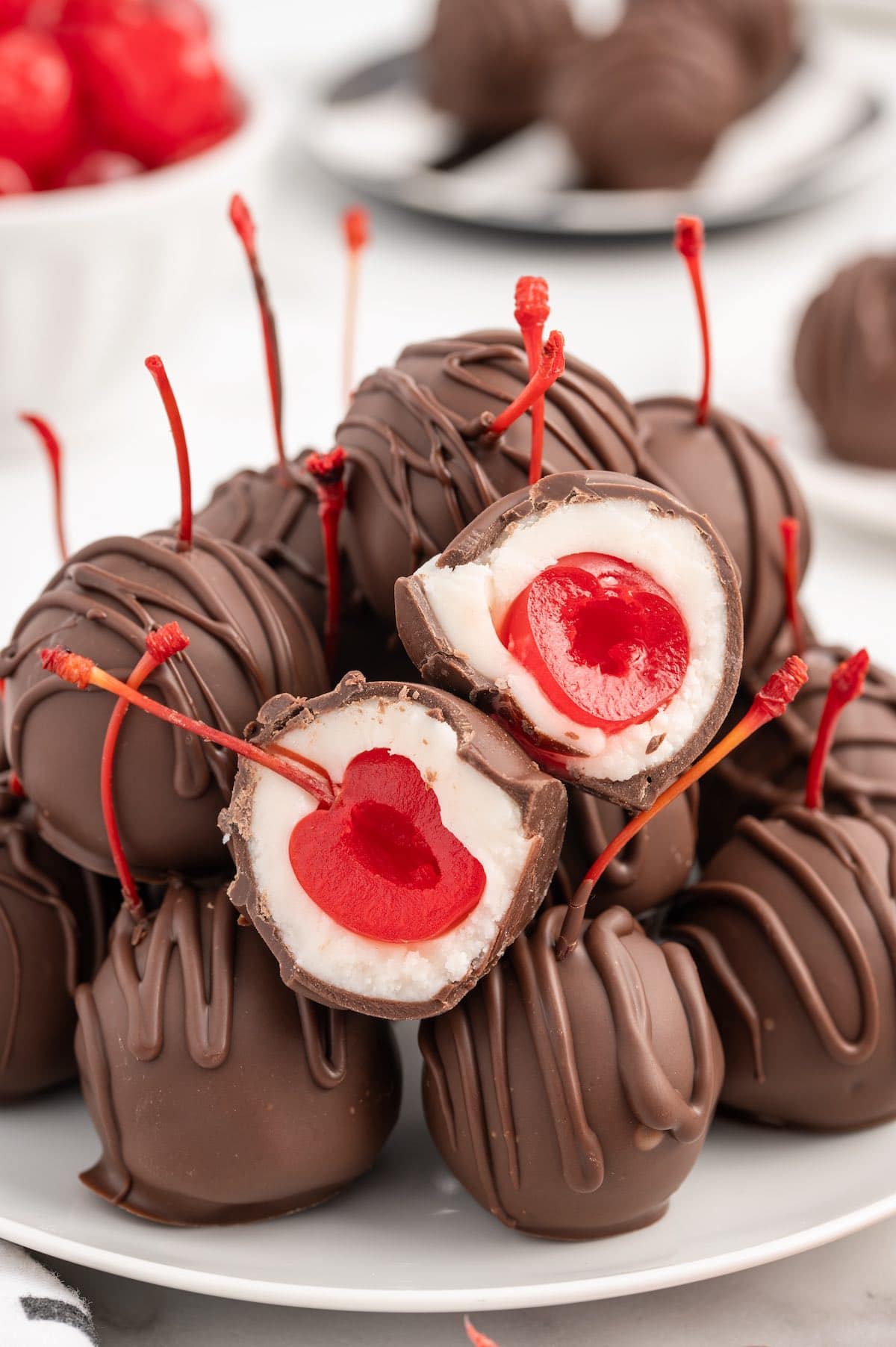 Chocolate Covered Cherries stacked on the plate.