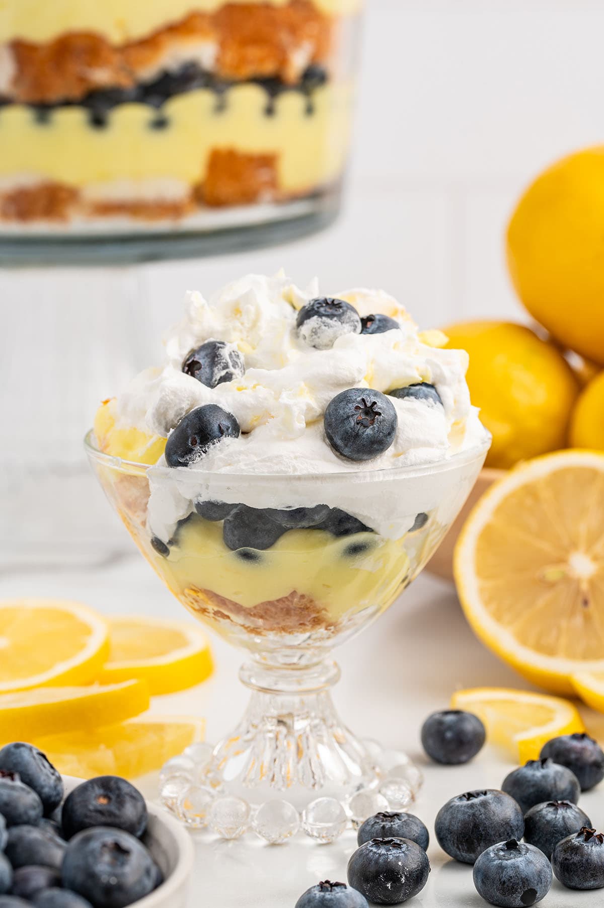 Lemon Blueberry Trifle in served using a dessert glass.