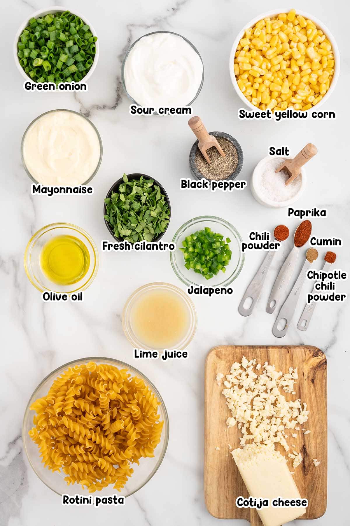 Street Corn Pasta Salad ingredients.