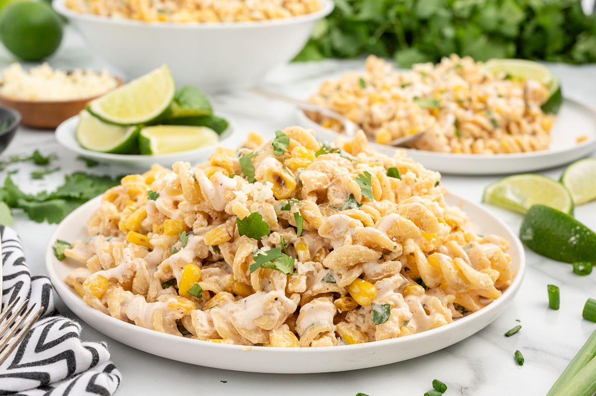 mexican street corn pasta salad served in a plate.