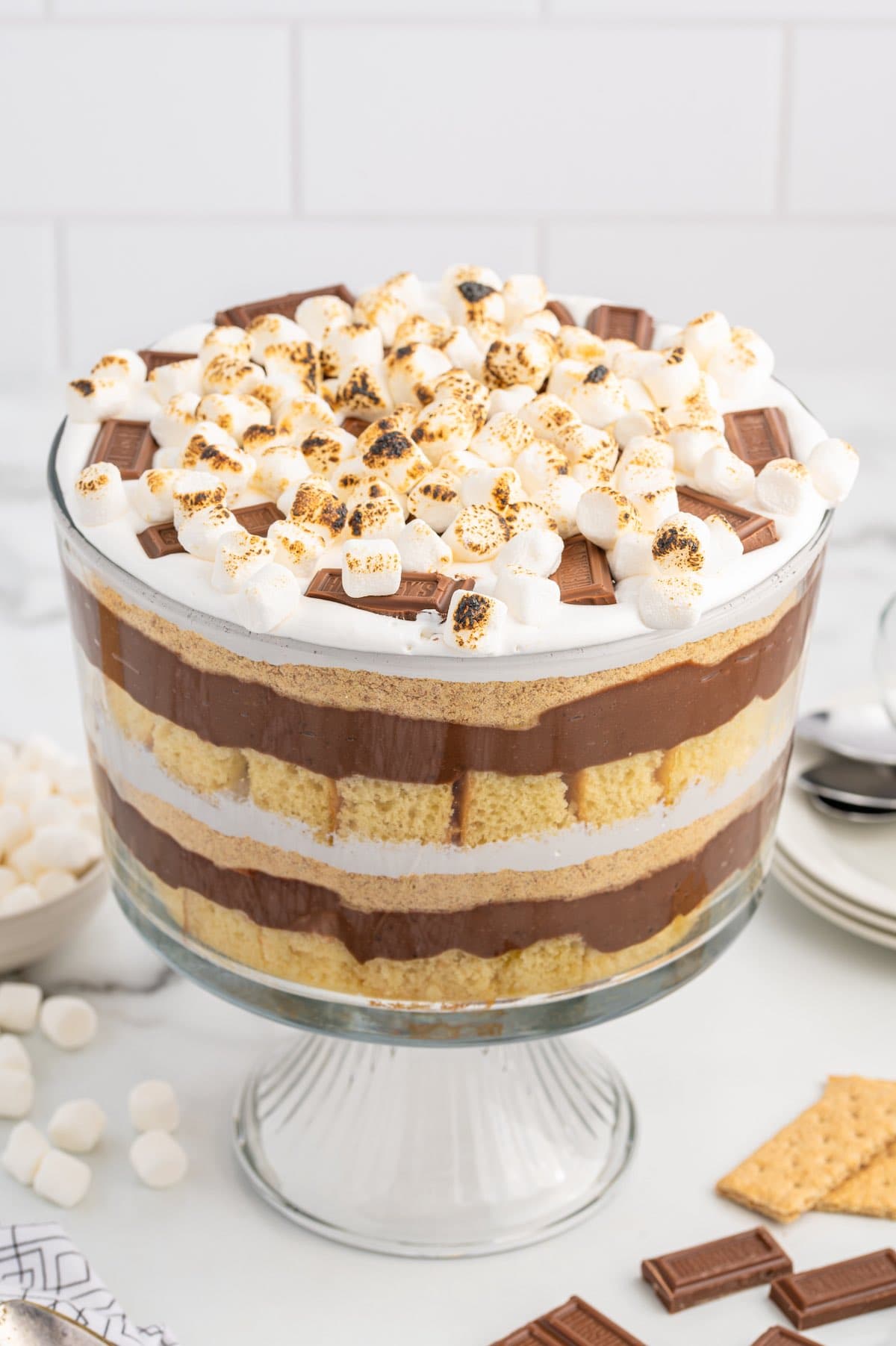 S'mores Dessert Trifle garnished with marshmallows on top. 
