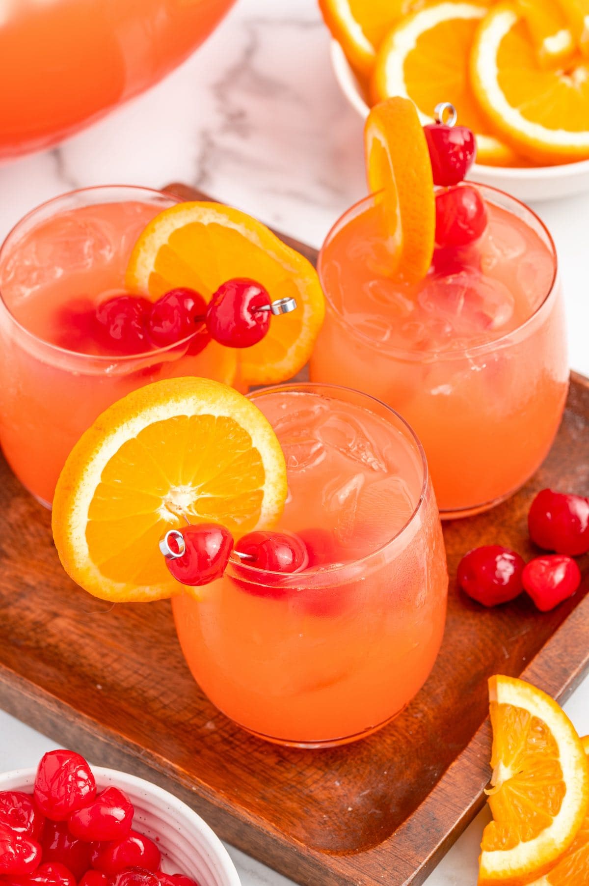 three glasses of Shirley Temple Punch on the table.