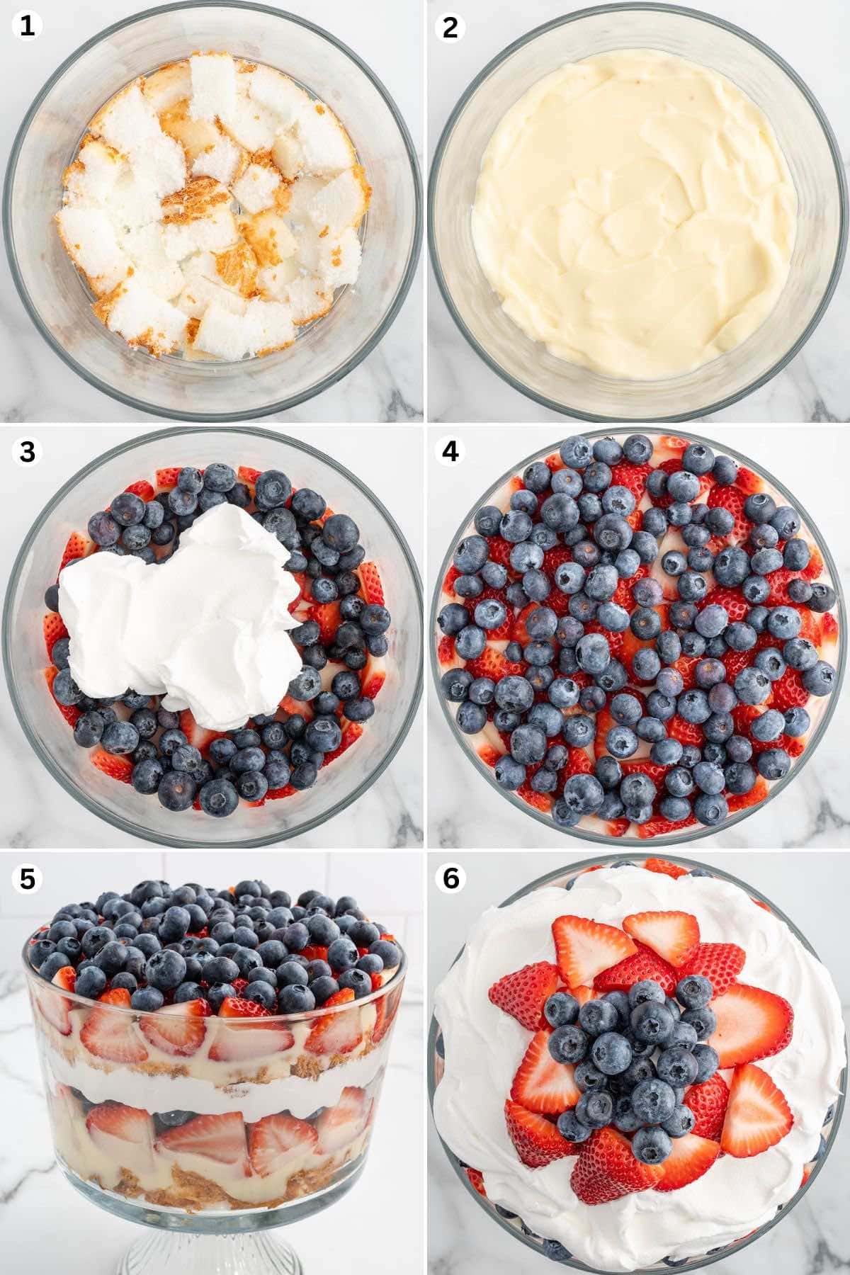 Create a single layer of cake cubes at the bottom of the trifle bowl. Spoon half of the white chocolate pudding over the cake cubes. Add a single layer of sliced strawberries and blueberries over the pudding. Spread 1 of the containers of thawed whipped topping over the berries. Repeat the layers. Finish with whipped topping then decorate with sliced strawberries and blueberries.