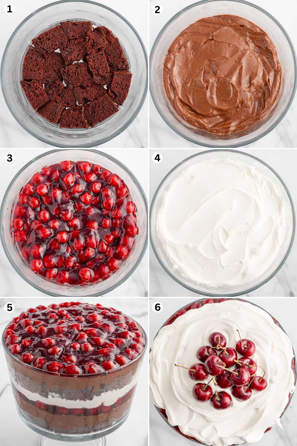 Create a layer of cake cubes at the bottom of the trifle dish, cover with pudding, spread cherry pie filling on top, and finish with a layer of whipped topping.