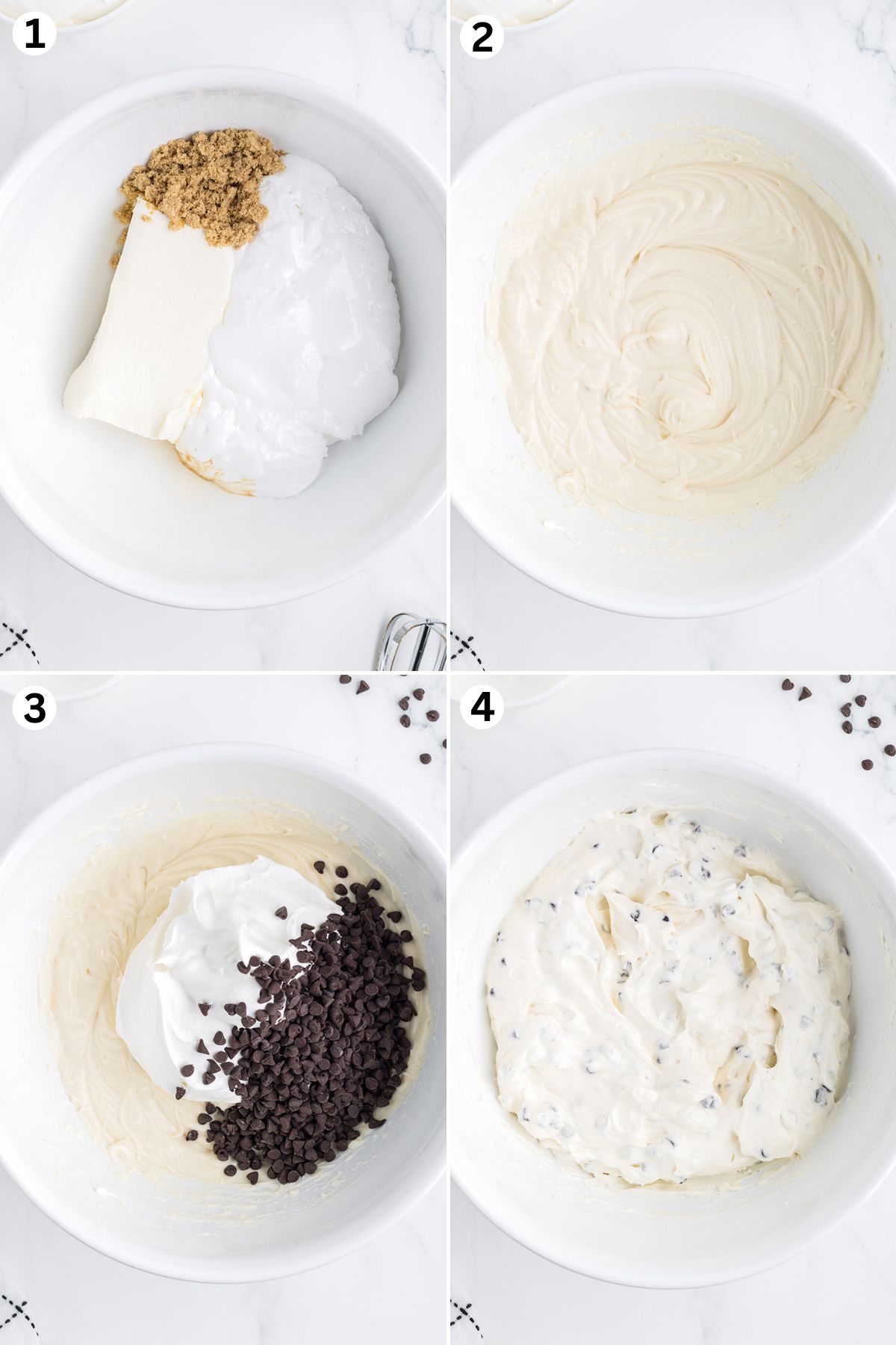 In a large bowl, prepare the mixture. Mix. Fold in cool whip and chocolate chips. 