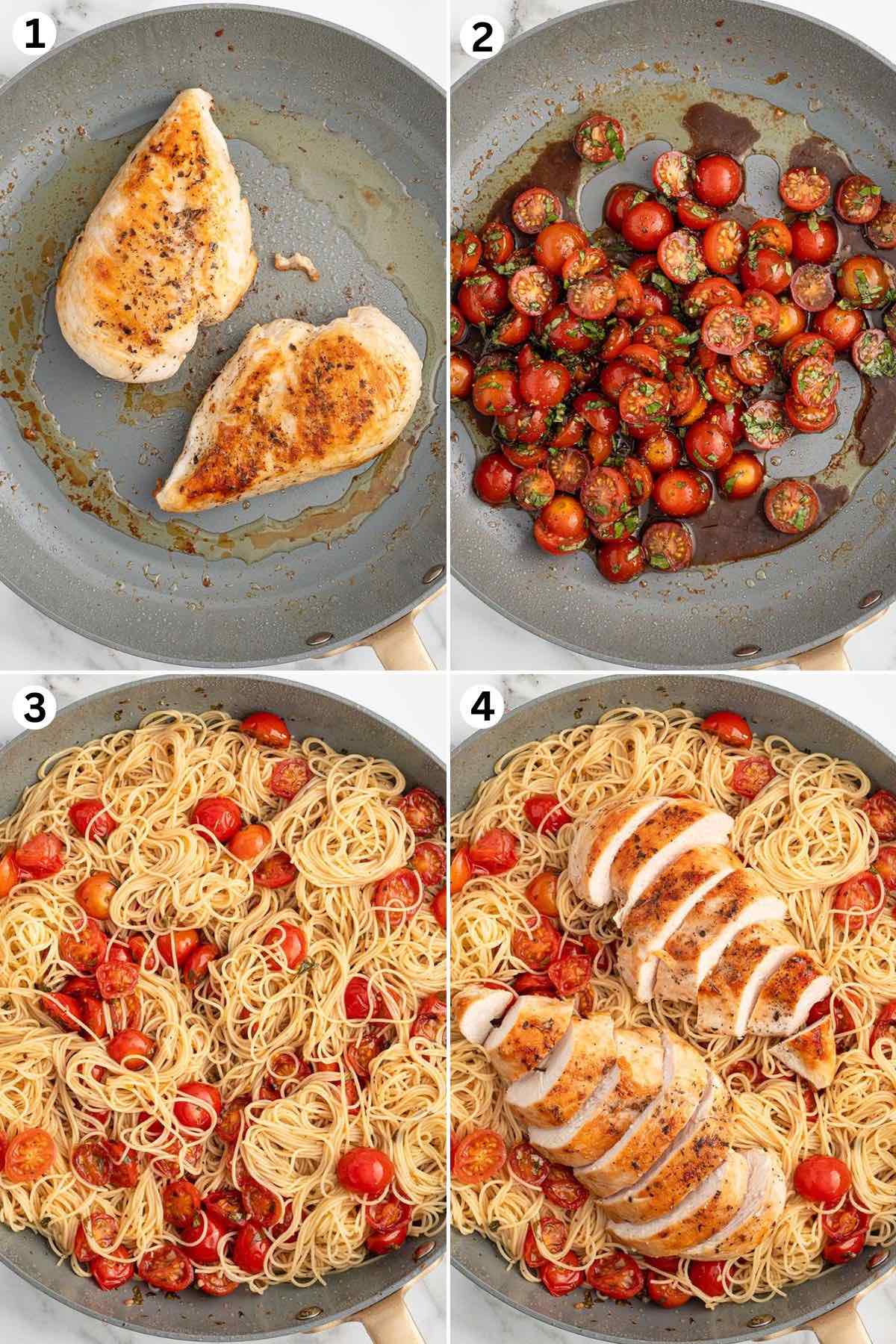cook the chicken breast. make the bruschetta in the pan. add the angel hair pasta. add the chicken into the pan. 