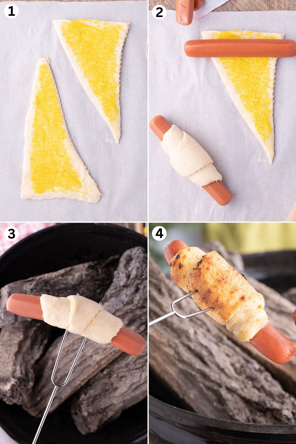 Brush each triangle dough with mustard. Wrap one dough triangle around each hot dog. Insert the hotdog into a clean skewer and place over the embers of your fire. Cook and rotate the skewer frequently to ensure even cooking and prevent burning. 