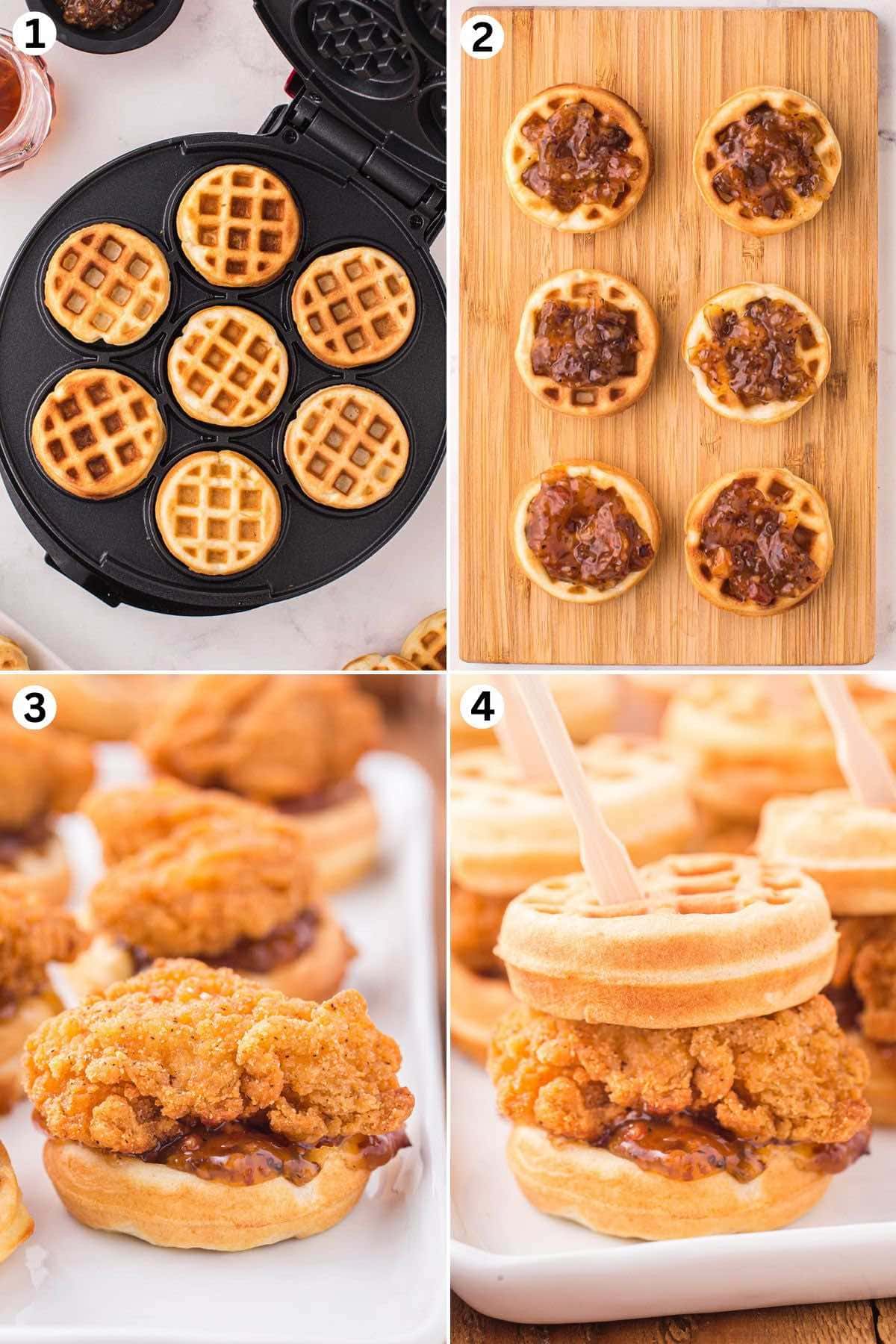 Cook the waffles until golden brown. Spread a teaspoon of bacon jam over mini waffles. Place a heated chicken wing on top of the jam. Top with another plain mini-waffle and secure with a toothpick.