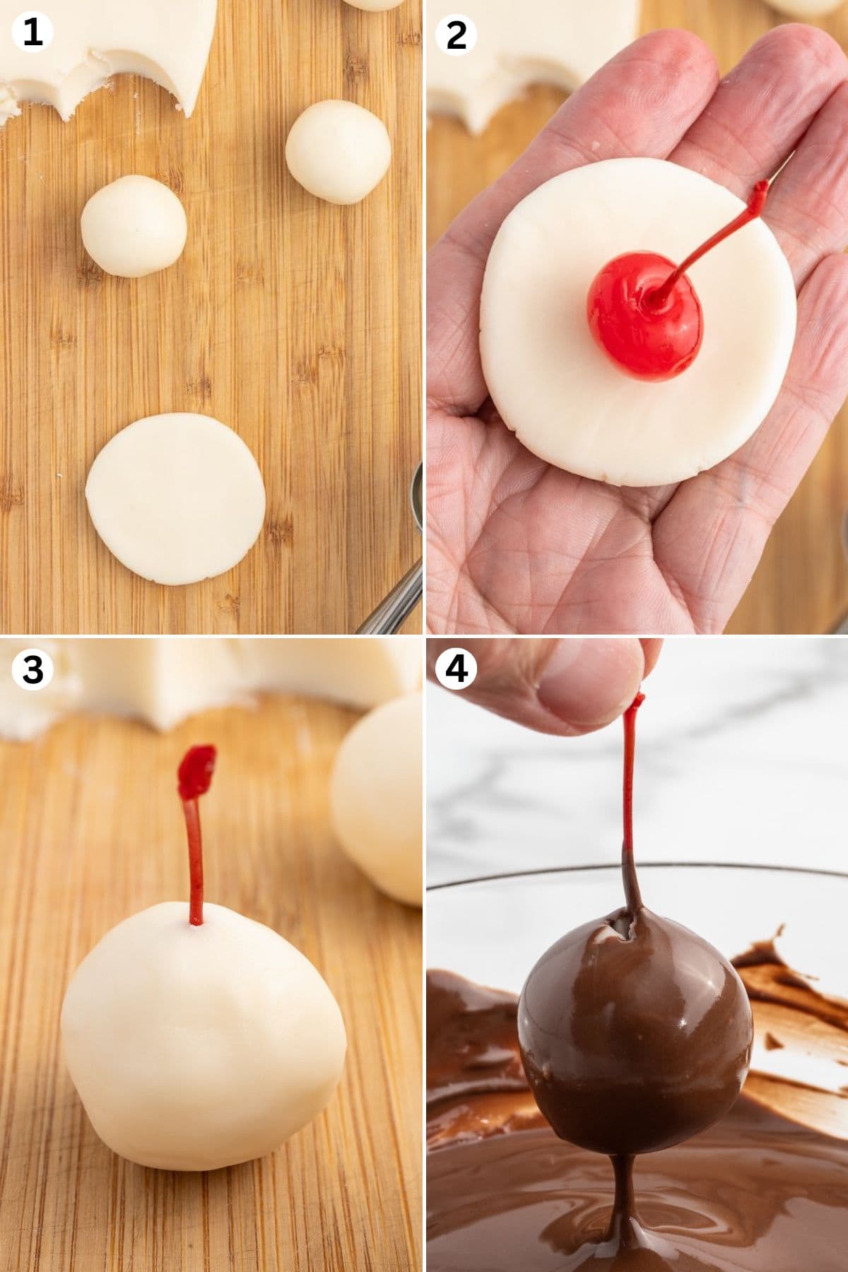 prepare the sugar paste. wrap around the cherries and dip in chocolate coating.