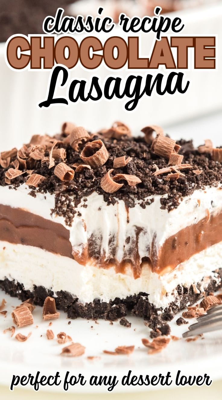 Close up of chocolate lasagna on a white plate