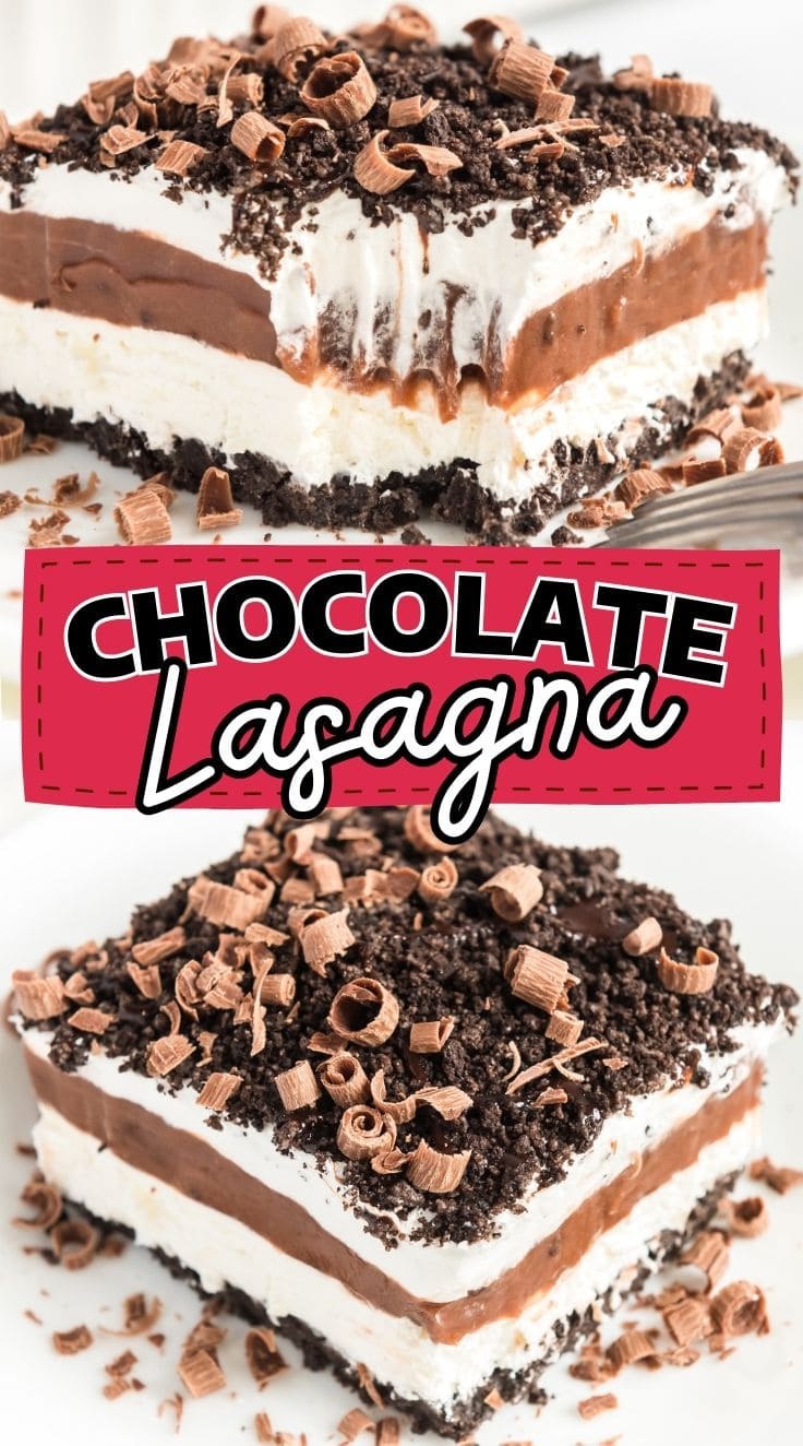 Square sliced Chocolate Lasagna served on a white cake plate