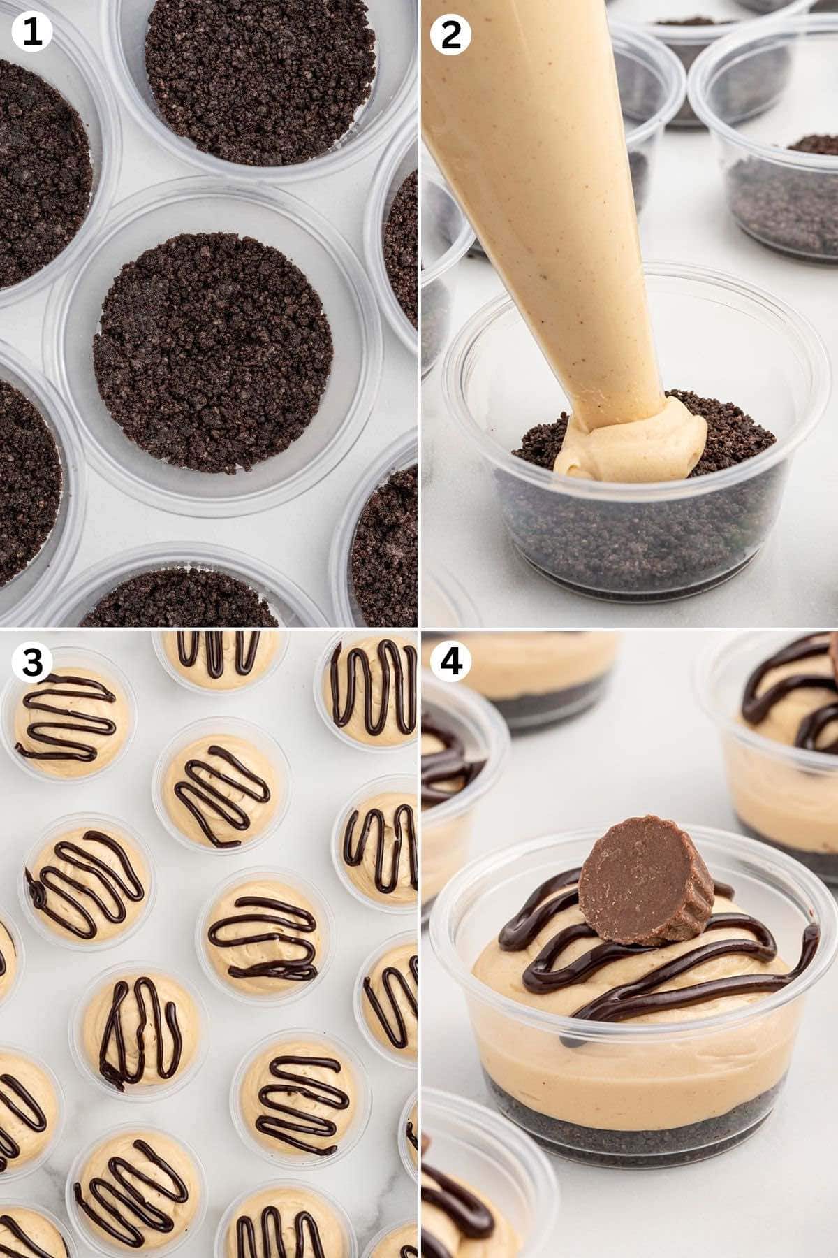 Crusted oreos mixture at the bottom of the cups. Pipe the peanut butter filling on top of the cookie crumbs. Drizzle with chocolate sauce and top with a mini peanut butter cup.