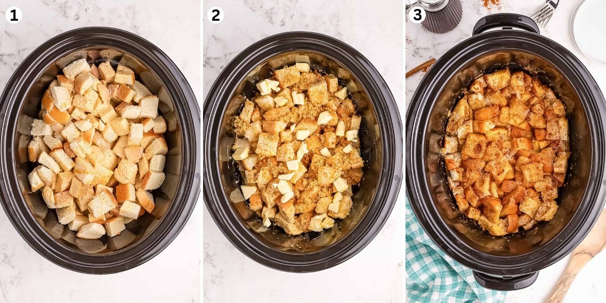 Add cubed bread to the bottom of a slow cooker. Pour the milk mixture over the bread. Sprinkle brown sugar over the bread and top with butter cubes.
