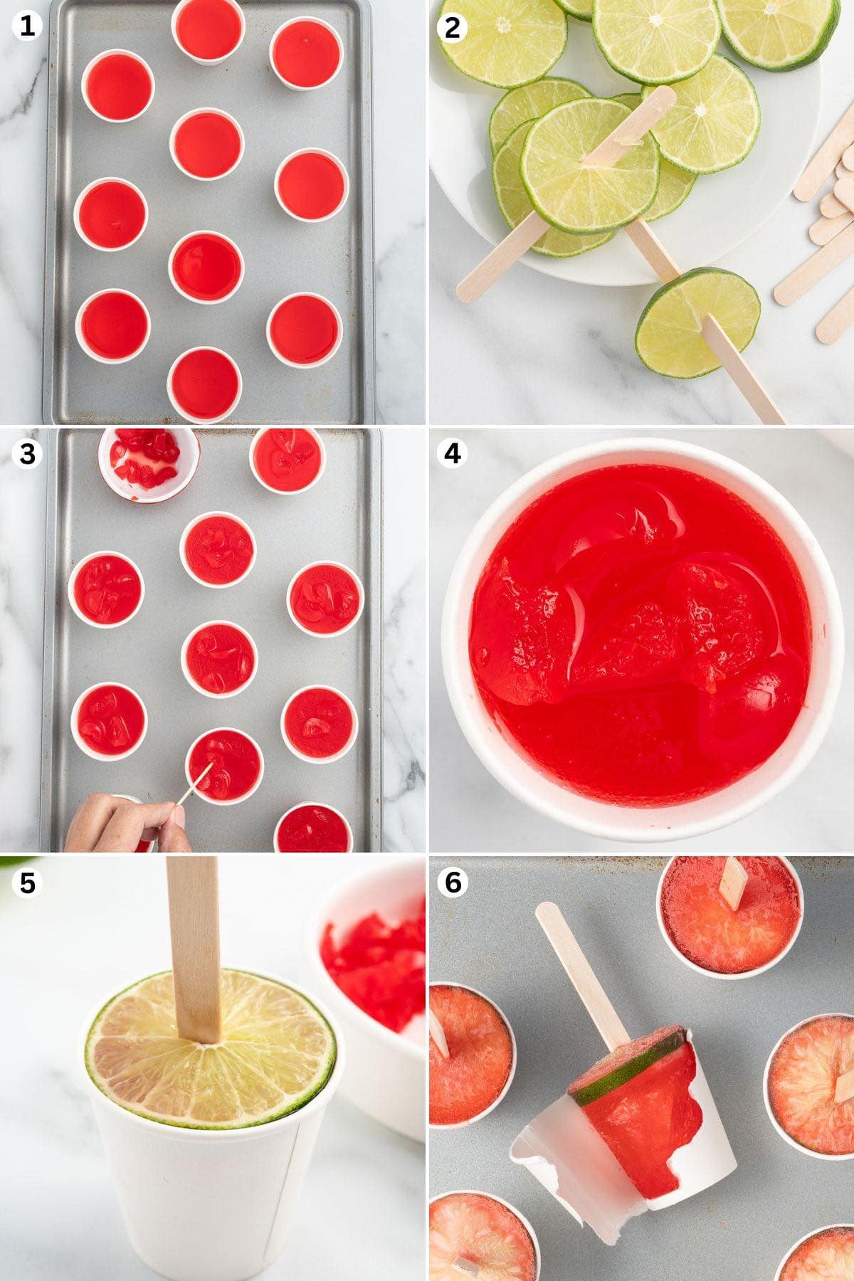 Pour the Dirty Shirley popsicle mix into each paper cup. Stick the popsicle stick through the center of a single lime slice. Add sliced maraschino cherries into each of the cups. Push down the cherries. Place a popsicle stick with lime slice into the center of each cup. Chill. Gently tear the paper cups.