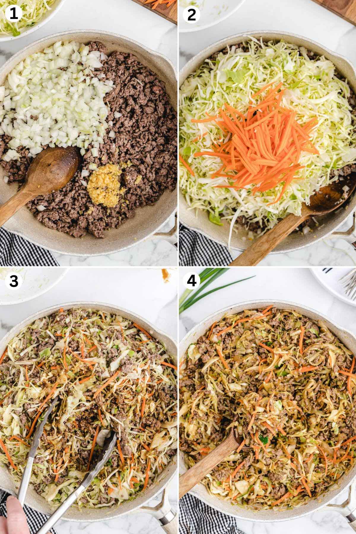 Cook ground beef, onions, and minced garlic until meat is browned. Add sesame oil, carrots, and cabbage. Add all the other ingredients and cook until cabbage and carrots are tender.