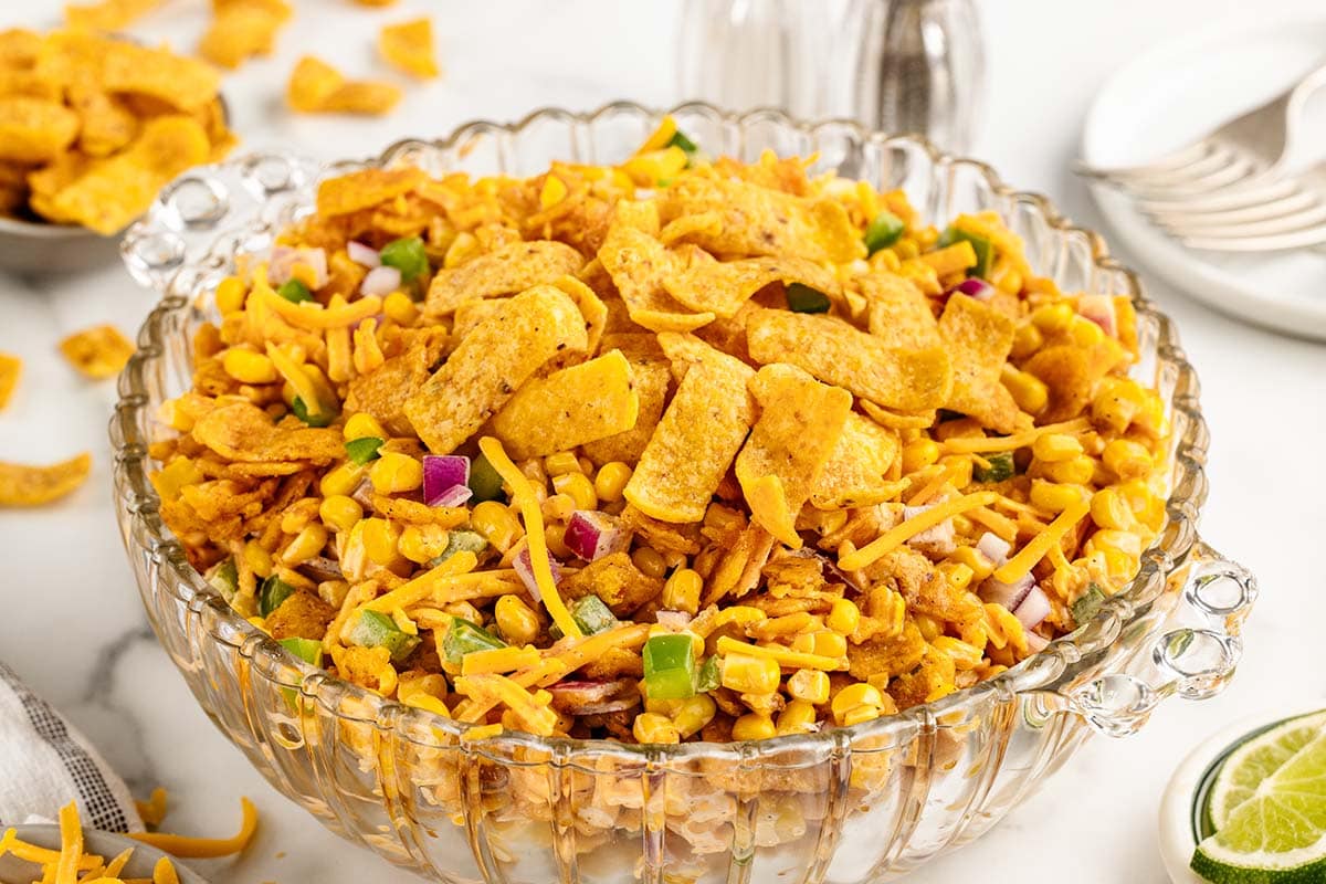 Fritos Corn Salad served in a glass bowl.