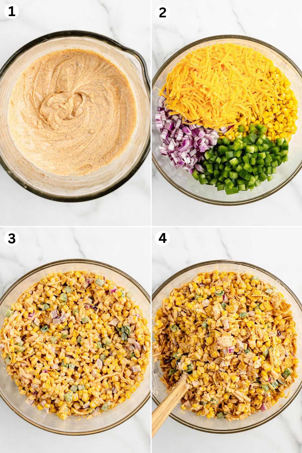 Make the mayo mixture. In a large mixing bowl, combine the corn, shredded cheese, diced pepper, and diced onion. Stir the mayonnaise mixture with the corn mixture to fully coat. Top with fritos corn chips.