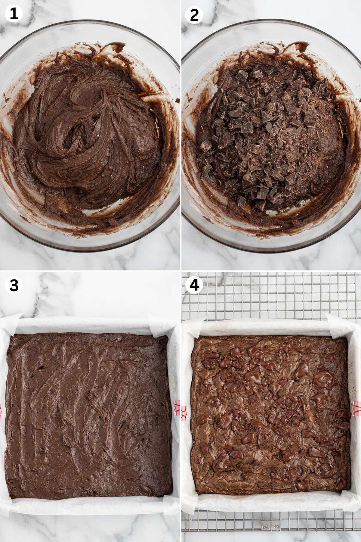 Stir together the brownie mix, butter, half and half, egg yolks, coffee, and vanilla extract. Fold in the chocolate chips and spread the brownie batter into the pan. Bake. sprinkle more chocolate into the brownie. 