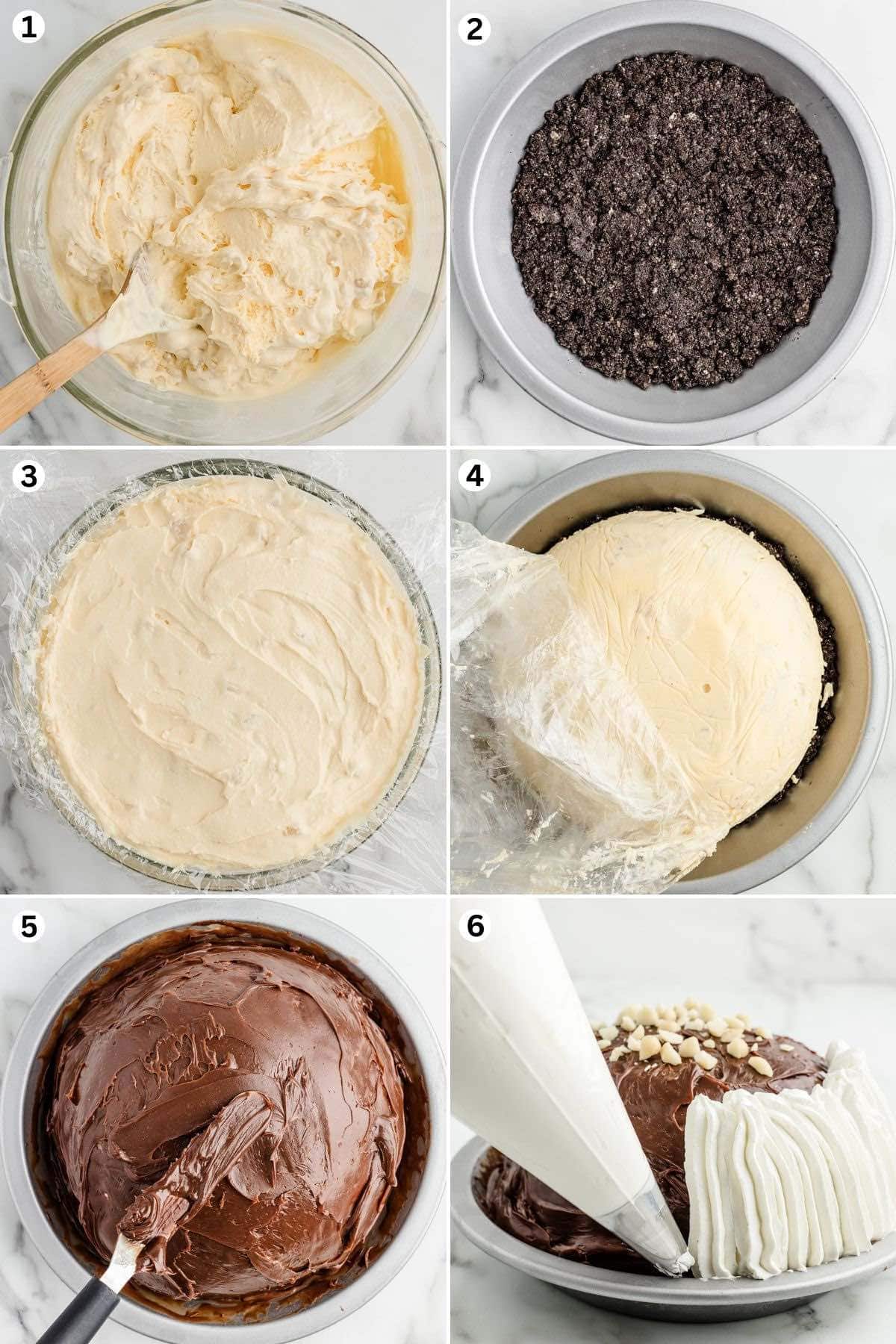 In a medium-sized mixing bowl, mix the vanilla ice cream. Press the buttered crumbs into the bottom of a pie plate. Line the inside of the mixing bowl with plastic wrap. Remove the plastic wrap over the top of the bowl. Drizzle the chocolate sauce over the mounded ice cream. Garnish the outer edge of the pie with the canned whipped topping and sprinkle the chopped macadamia nuts.