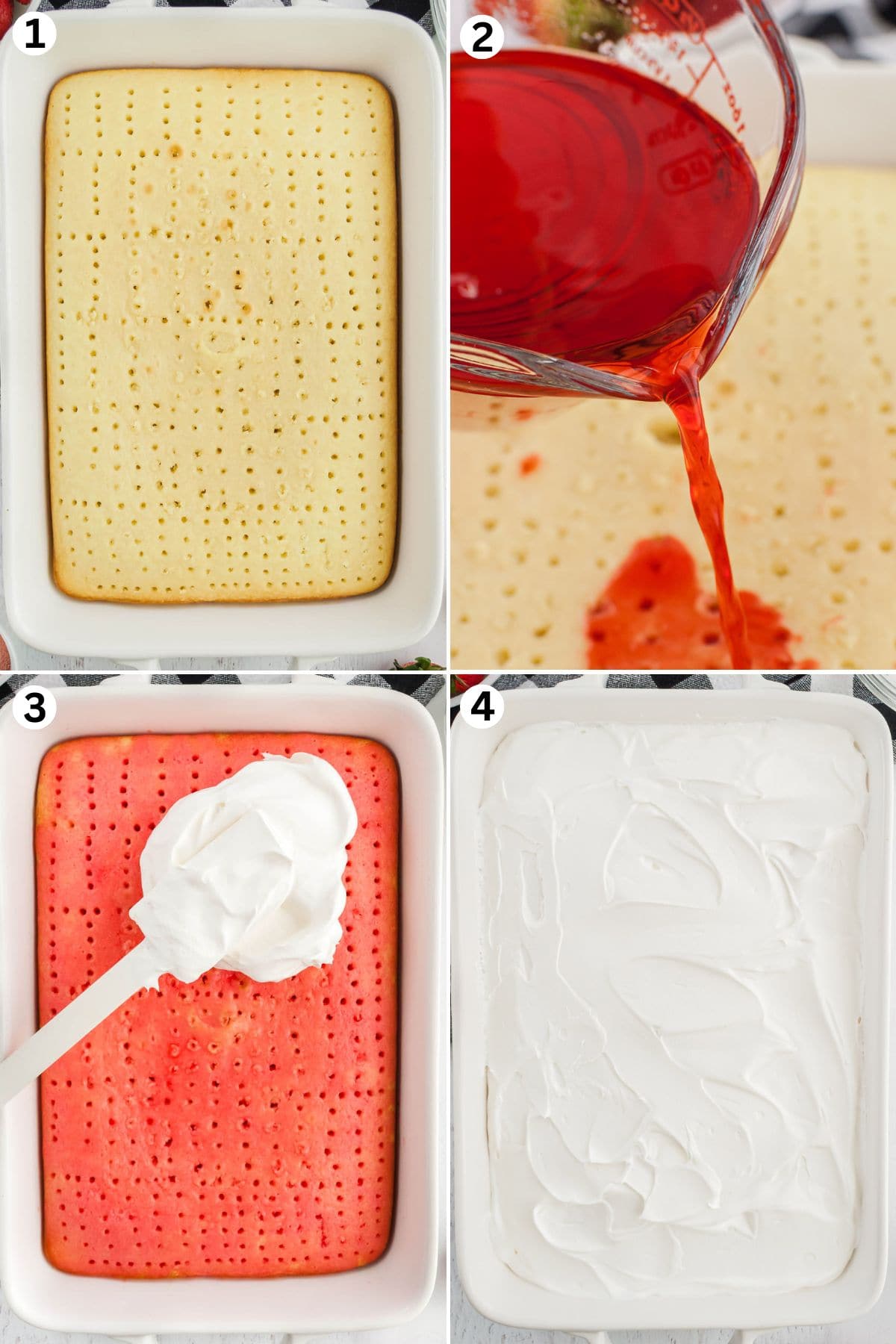 bake the cake and poke several holes in the cake. pour the jello over the holes. cover with cool whip. 