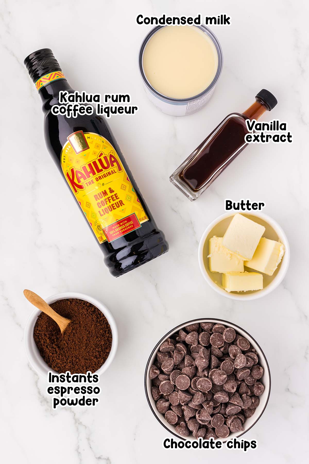 Kahlua Fudge ingredients.
