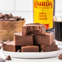 Kahlua Fudge cut into bars and stacked up on the plate.