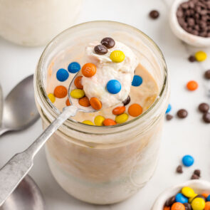a spoonful of Mason Jar Ice Cream topped with M&M's.