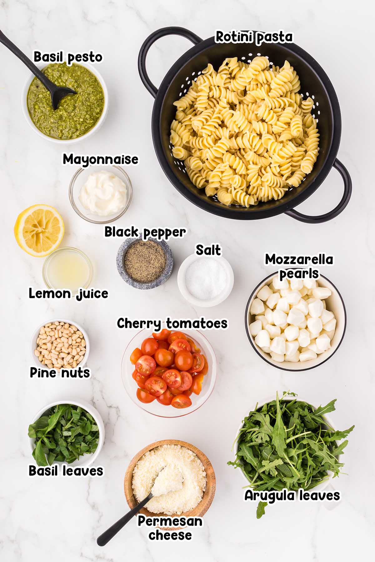 Pesto Pasta Salad ingredients.