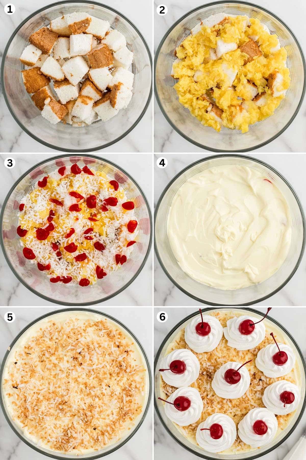 Place a layer cake cubes into the bottom of a large trifle bowl. Add the pineapple. Sprinkle on non-toasted shredded coconut and cover with chopped cherries. Spread the pudding mixture. Repeat the layer and top of the trifle with the toasted coconut. Pipe a dollop of cool whip and op each dollop with a stemmed cherry.