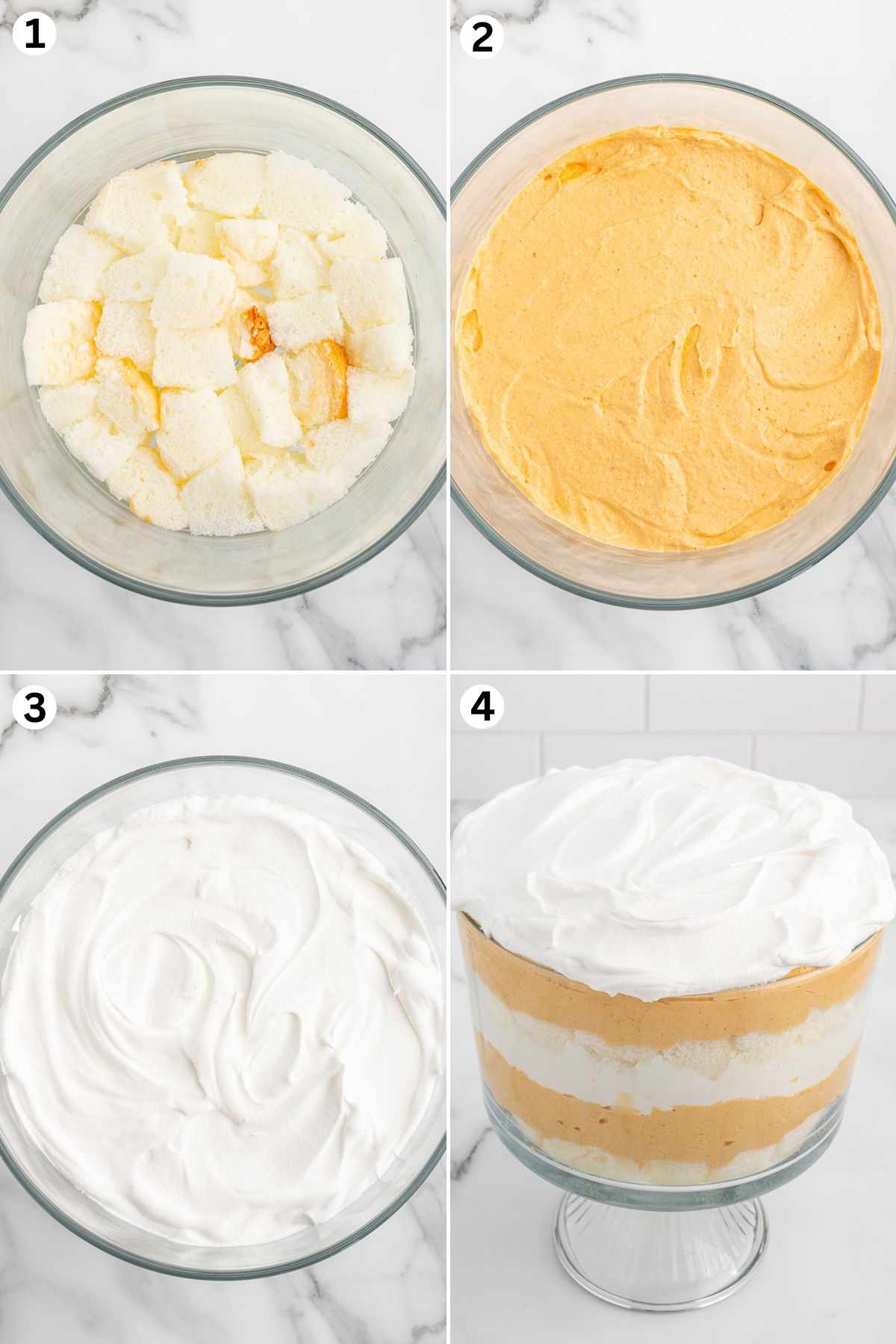 Create a layer of cake cubes at the bottom of the trifle dish. Use a spatula to smooth the pumpkin cheesecake evenly. Repeat layers as follows: cake cubes, pumpkin cheesecake, whipped topping.