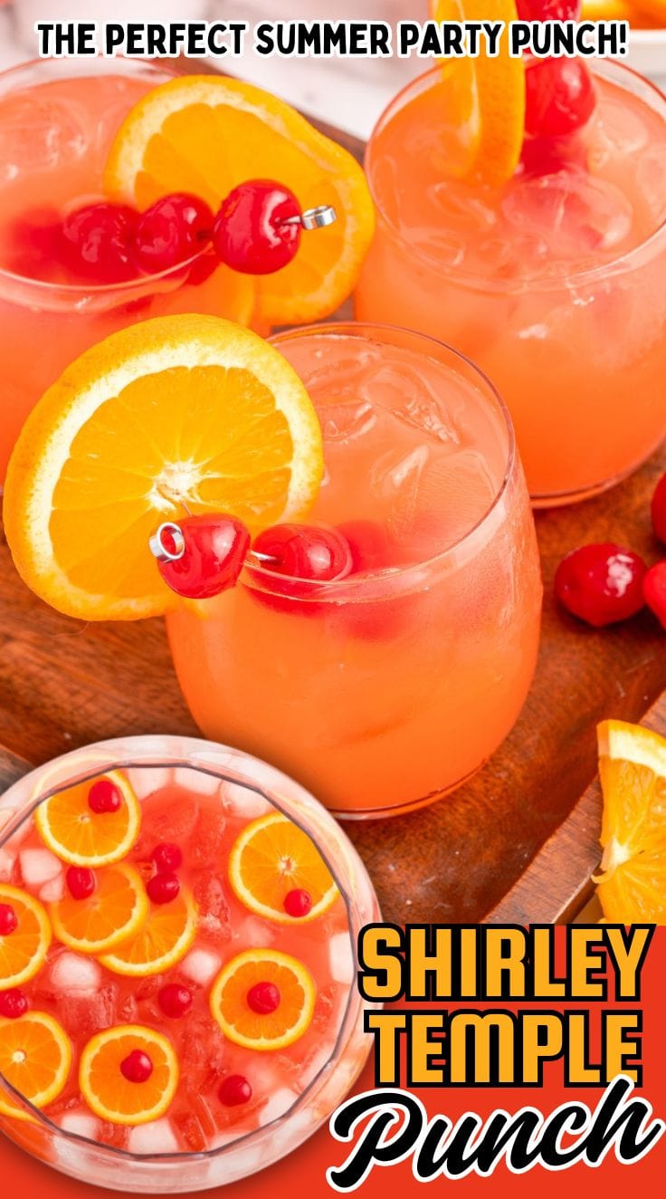 3 glass of Shirley Temple Punch served on a wooden board