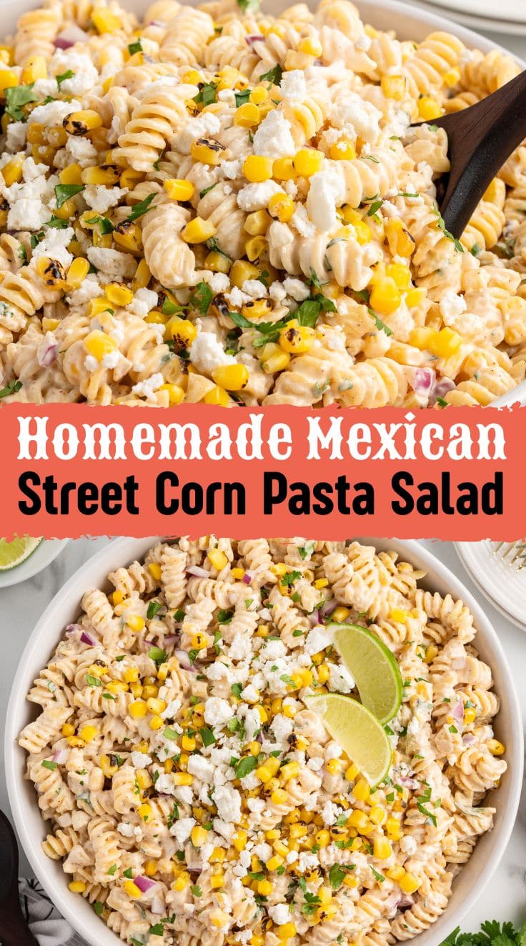 A spoon digging into Street Corn Pasta Salad. Top shot of Street Corn Pasta Salad in a bowl