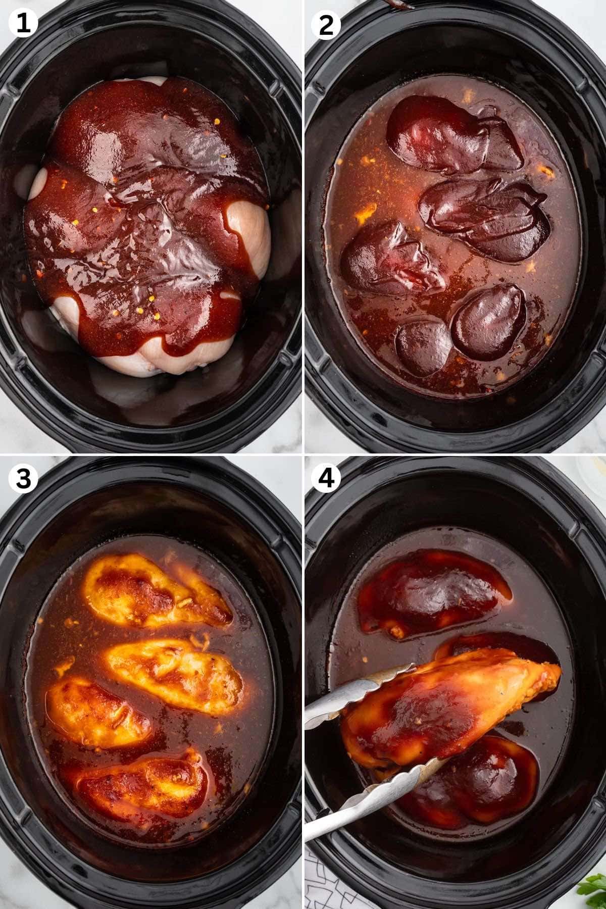 Place the chicken pieces in a single layer in the slow cooker insert and pour the sauce. Cook. Remove the lid and add the remaining Sweet Baby Ray’s barbecue sauce to the chicken. Remove the chicken from the crockpot and place it onto a serving plate.