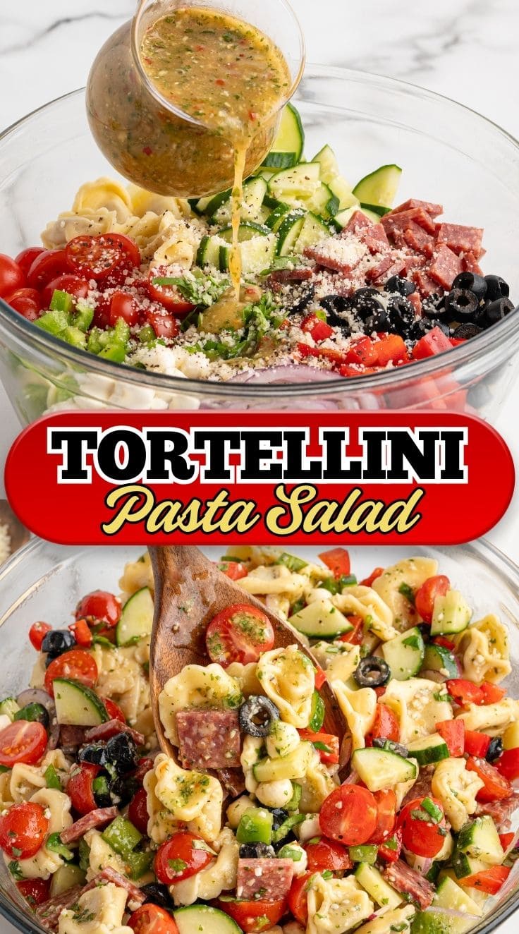 A wooden spoon digging into Tortellini Pasta Salad in a glass bowl.