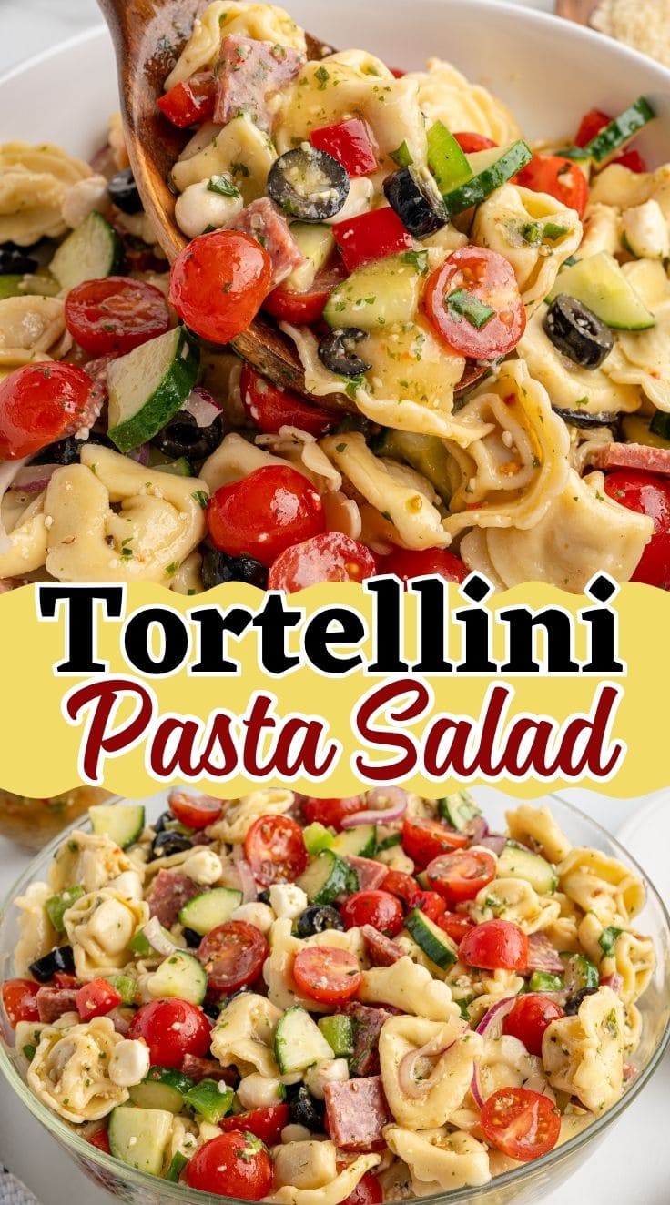 Close up of a spoon lifting up colorful Tortellini pasta salad,. Vibrant Tortellini pasta salad served in a clear glass bowl
