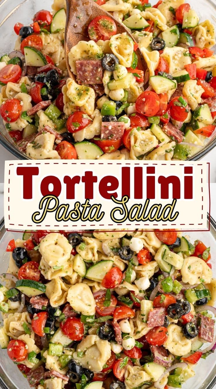 Vibrant and healthy Tortellini pasta salad served inside a clear glass bowl