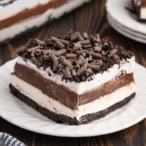 chocolate lasagna on a white plate