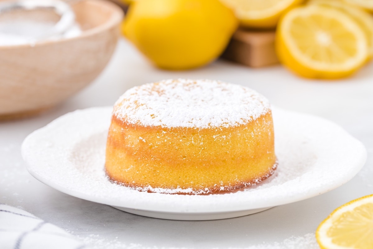 lemon lava cake on a plate.