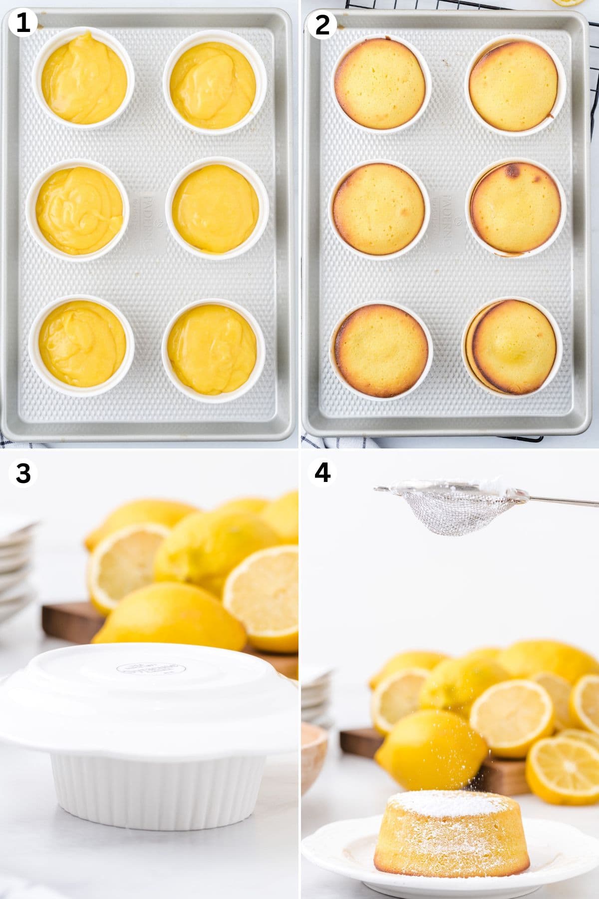 divide the lemon batter in 6 ramekin and bake. use a plate to flip the cake. dust with powdered sugar.