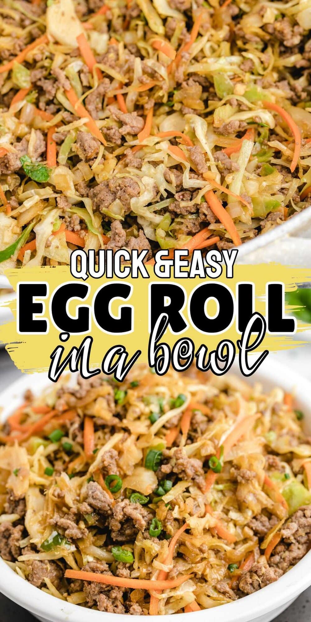 Eggroll in a bowl served in a bowl with ground beef and tender vegetables.