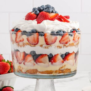 5-layer of 4th of July Trifle in a trifle bowl.