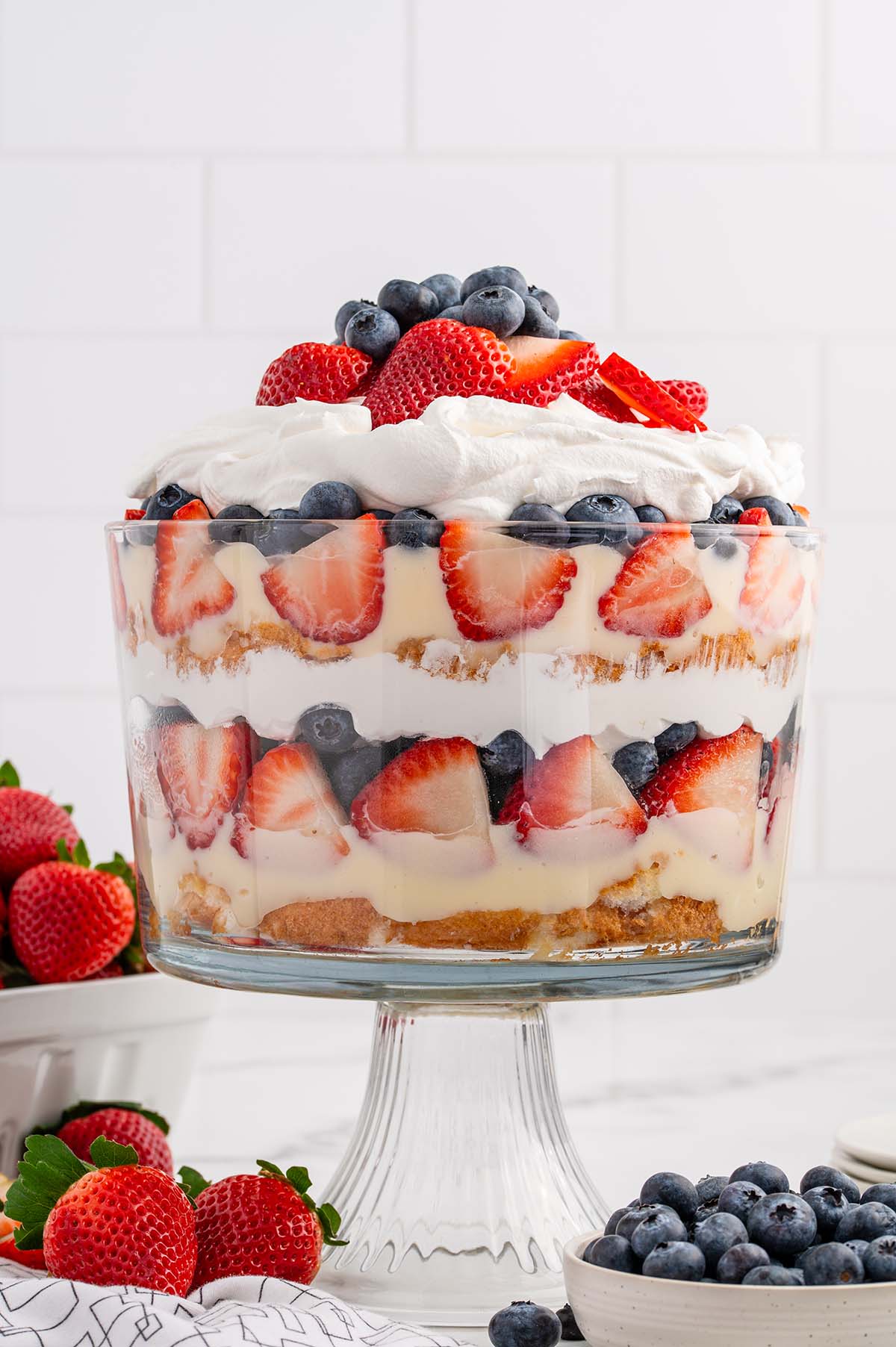 4th of July Trifle with strawberries and blueberries.
