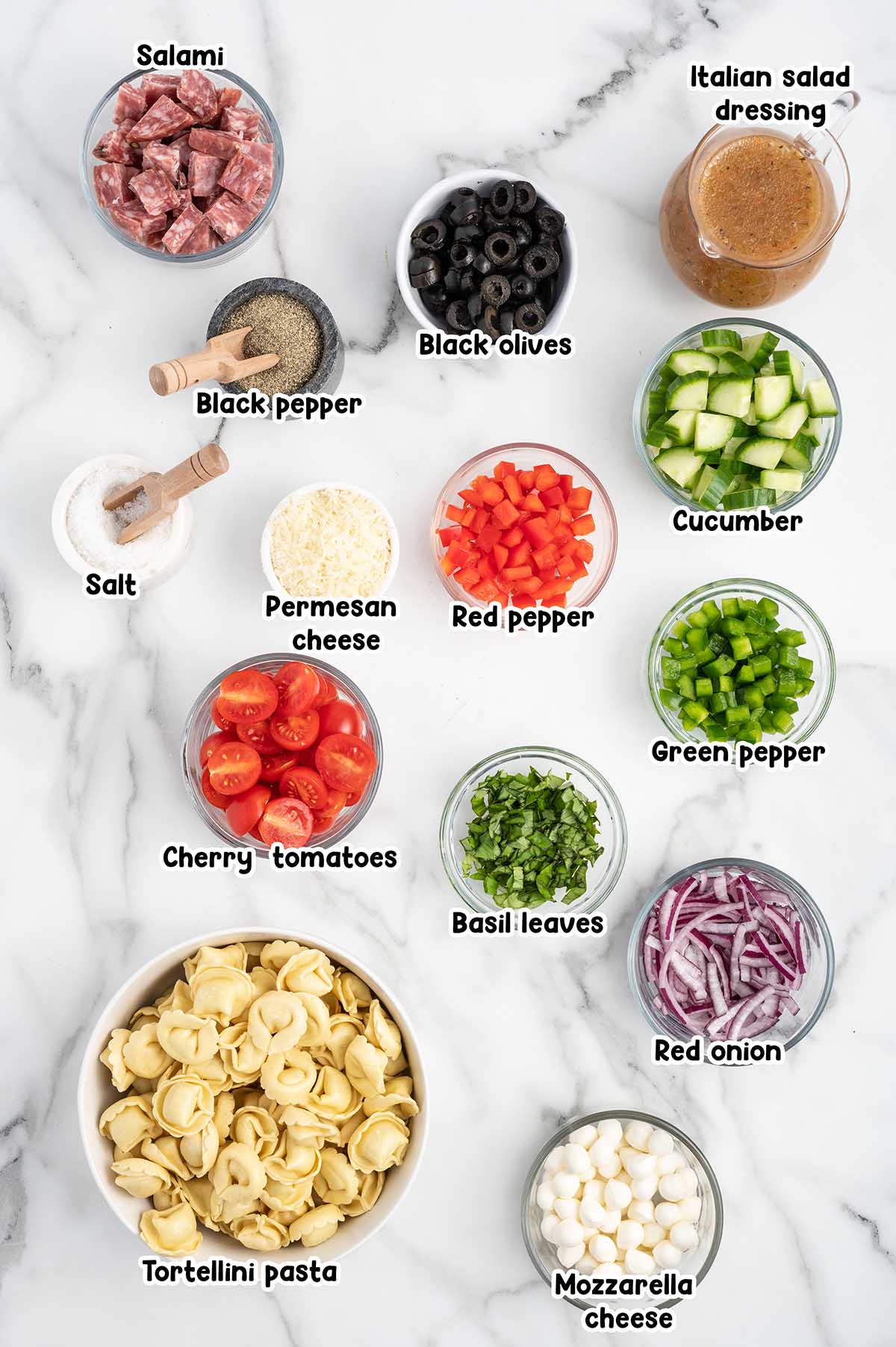 Tortellini Pasta Salad ingredients.