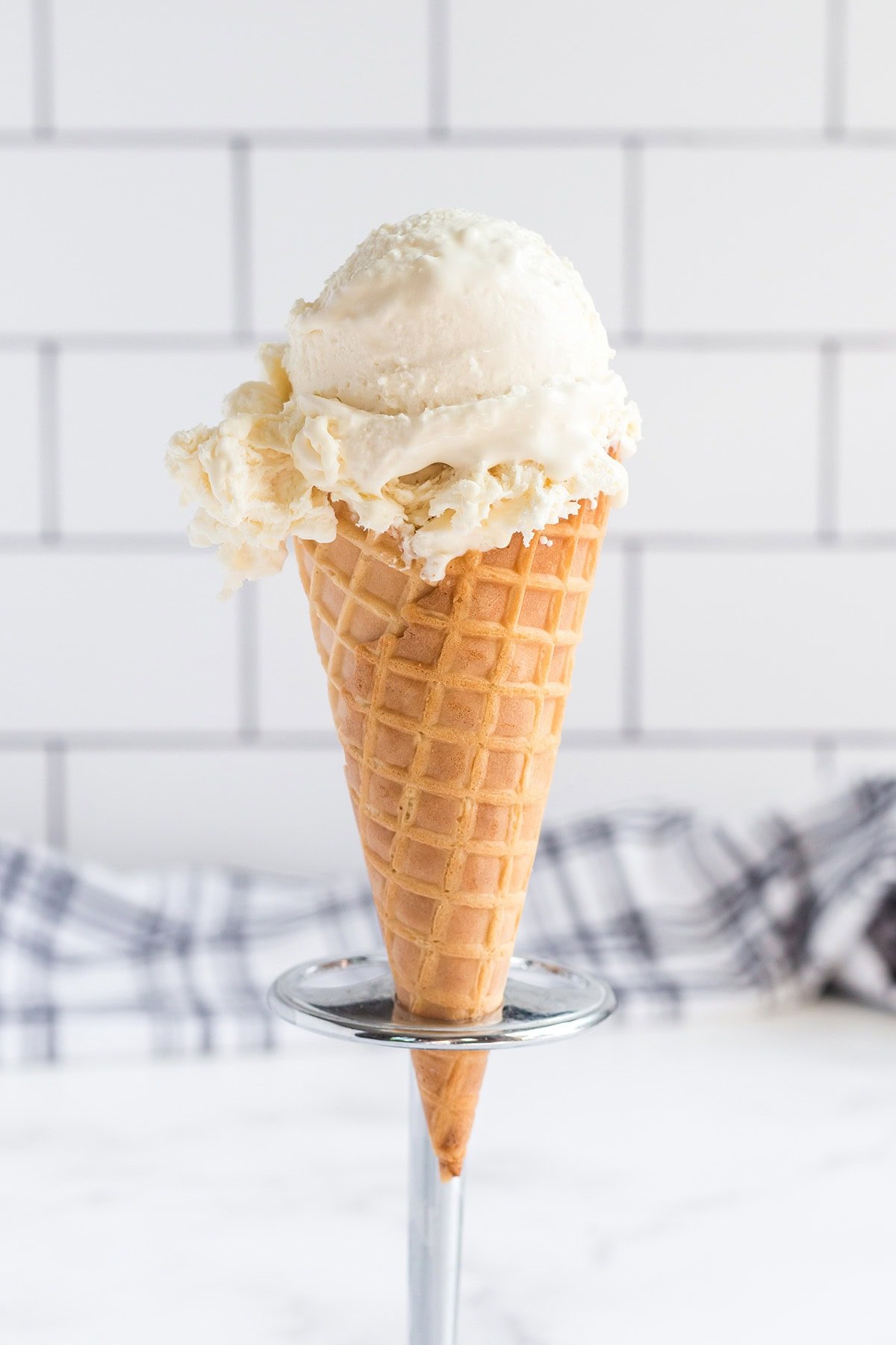 no churn vanilla ice cream served using a cone. 