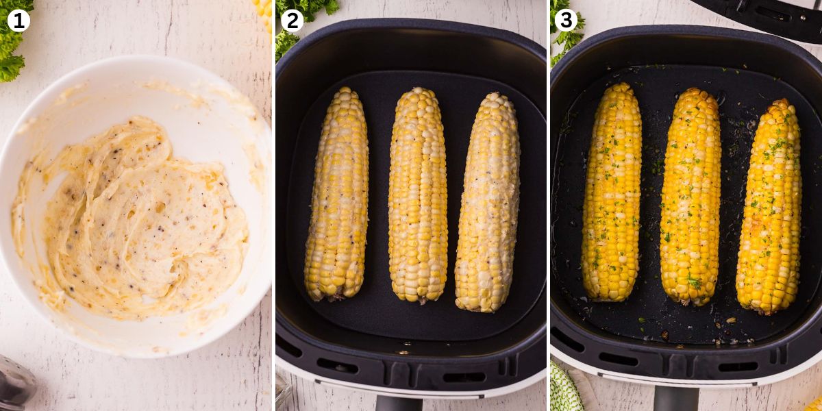 Cream together the butter, garlic, parmesan cheese, salt, and pepper. Place the corn in the hot Air Fryer. Cook the corn inside air fryer.